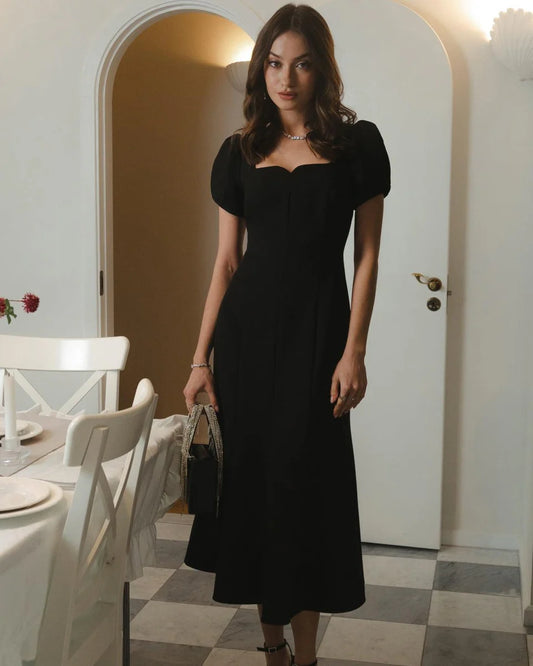 LUMAIRA™ Midnight Grace Fit & Flare Midi Dress – Elegant 3/4 Sleeve Occasion Wear