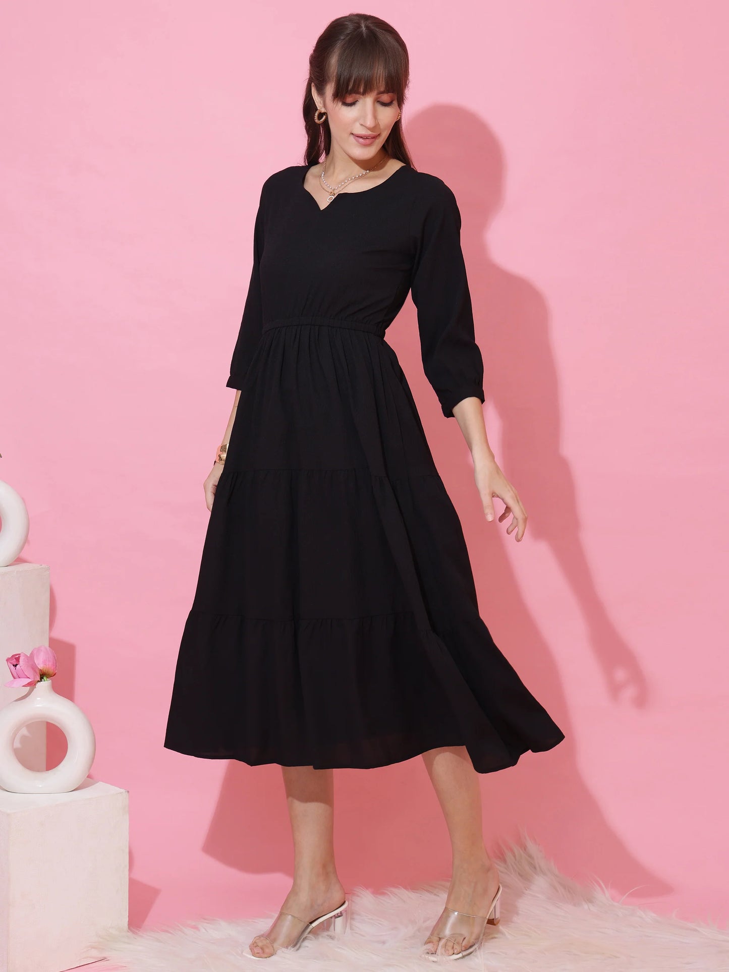 LUMAIRA™ Midnight Grace Fit & Flare Midi Dress – Elegant 3/4 Sleeve Occasion Wear