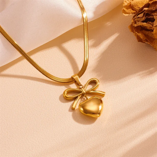 Bow Heart Linked Anti Tarnish Gold Plated Chain Necklace