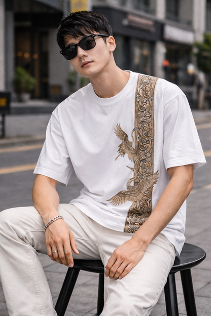 LUMAIRA Imperial Crane Black Cotton T-Shirt | Luxury Art Graphic Tee