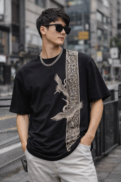 LUMAIRA Imperial Crane Black Cotton T-Shirt | Luxury Art Graphic Tee