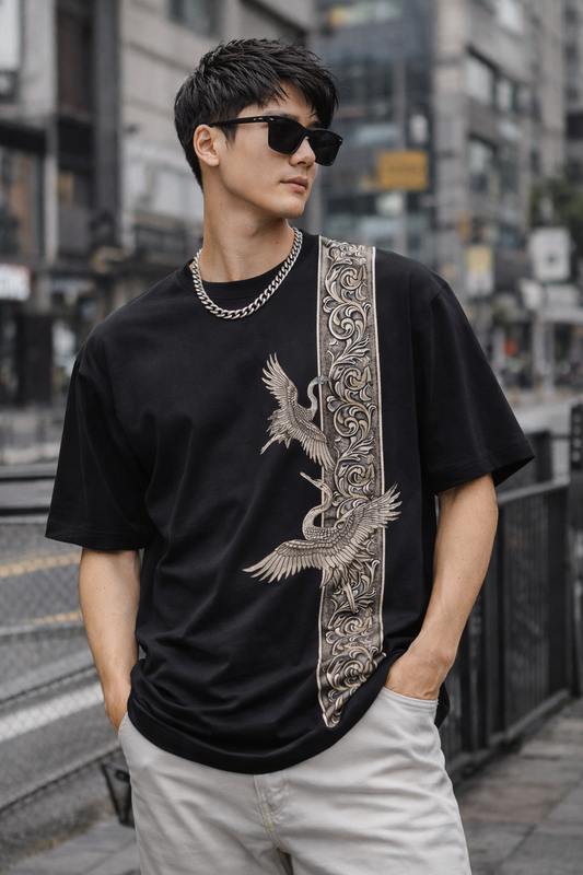 LUMAIRA Imperial Crane Black Cotton T-Shirt | Luxury Art Graphic Tee