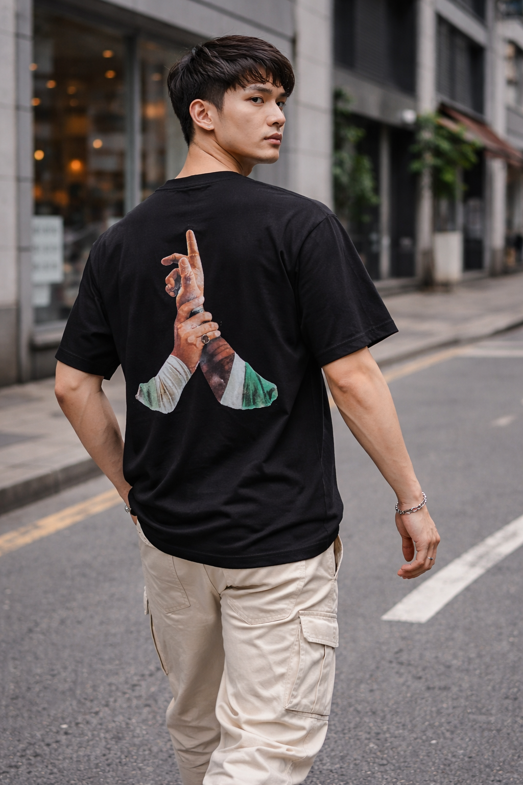 LUMAIRA Unity Rise Black Cotton T-Shirt | Power Hand Graphic Tee