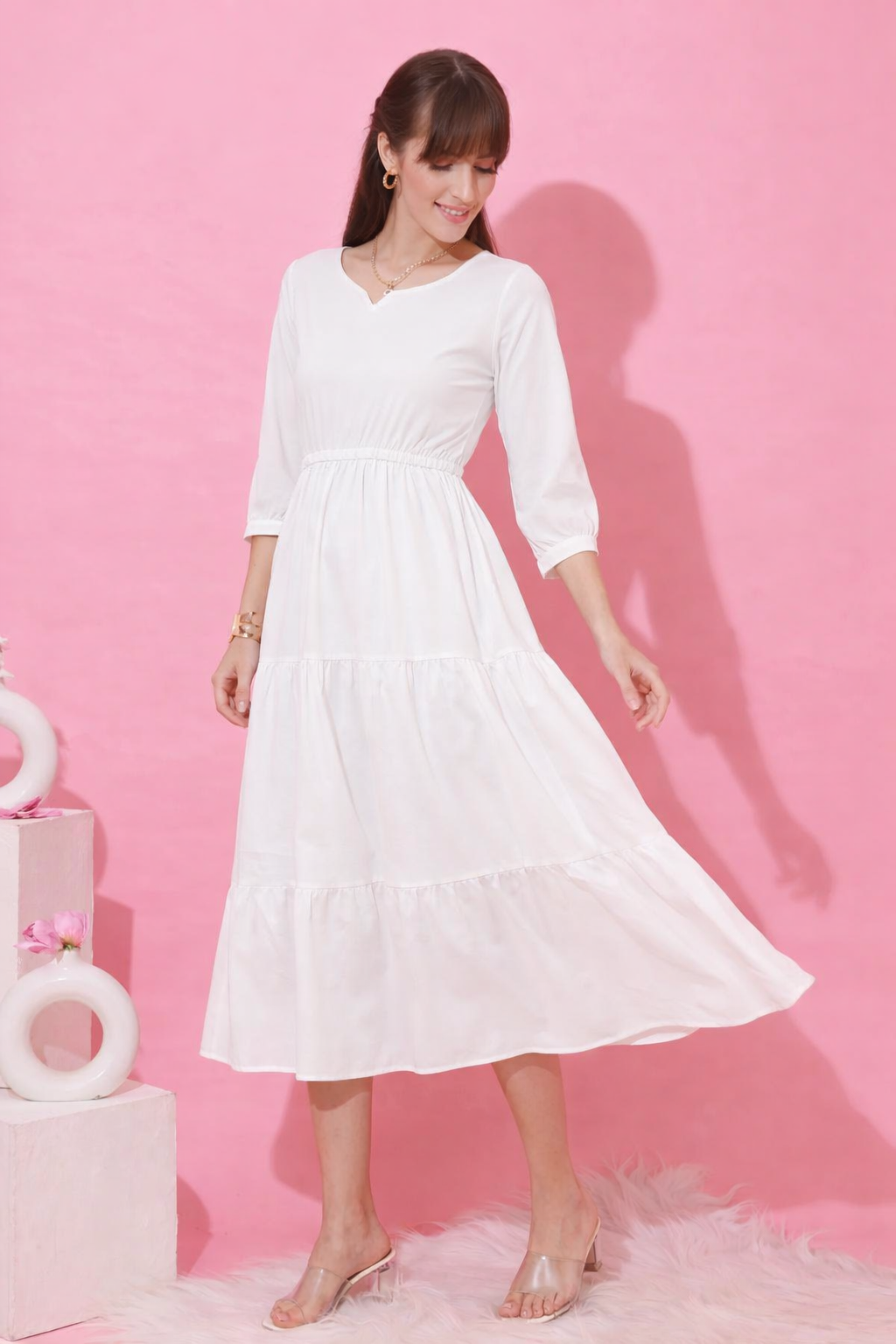 LUMAIRA™ Midnight Grace Fit & Flare Midi Dress – Elegant 3/4 Sleeve Occasion Wear