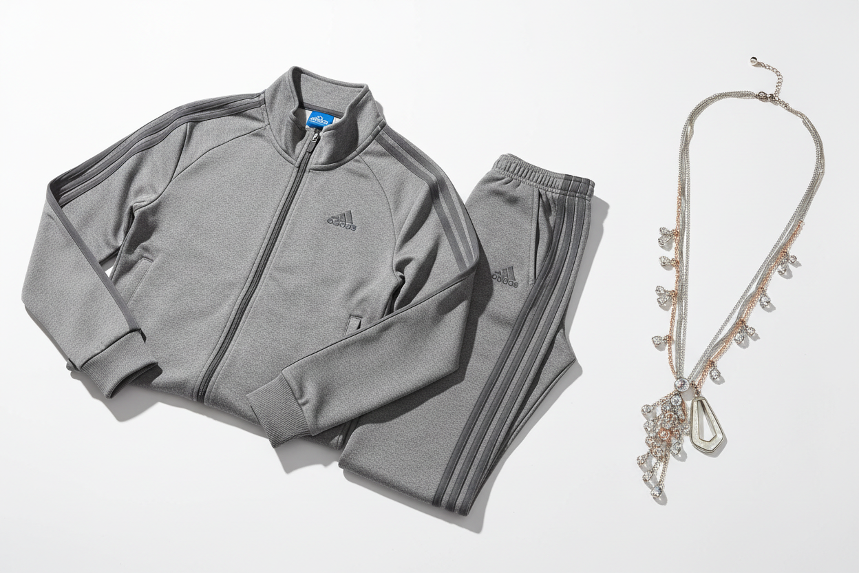 adidas track shuite gray color and jewelery necklace