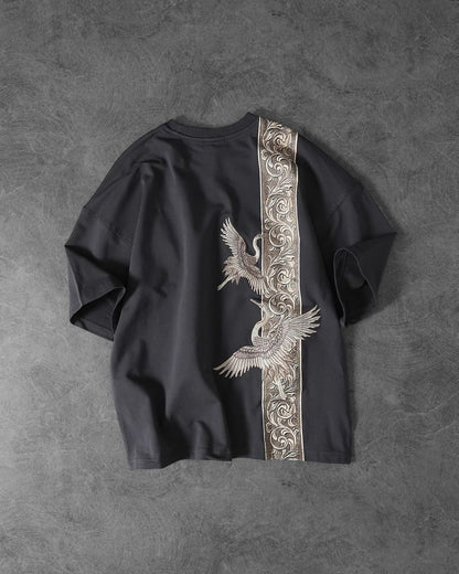 LUMAIRA Imperial Crane Black Cotton T-Shirt | Luxury Art Graphic Tee