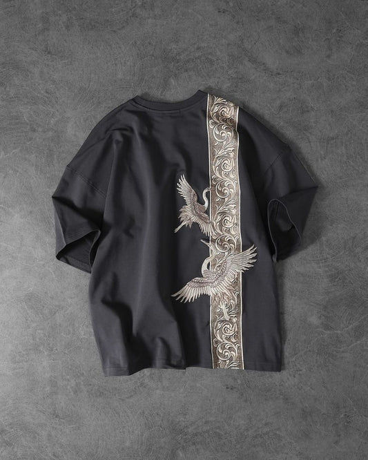 LUMAIRA Imperial Crane Black Cotton T-Shirt | Luxury Art Graphic Tee